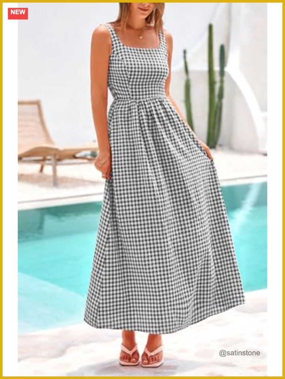 Spaghetti Strap Maxi Dress Plaid Square Neck A Line Beach Vacation Casual - Picture 5 of 6